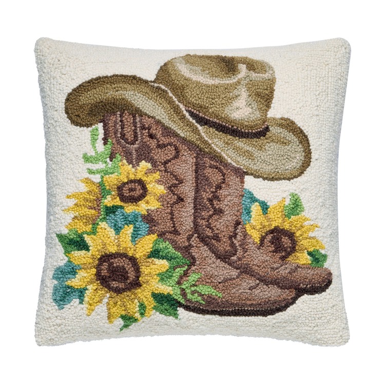 30SJM11431C18SQ 18 x 18 in. Sunflower Boots Poly Filled Hook Pillow