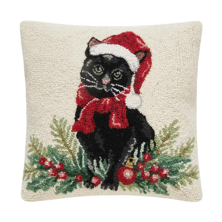 31SJM11482C16SQ 16 x 16 in. Christmas Black Cat Poly Filled Hook Pillow