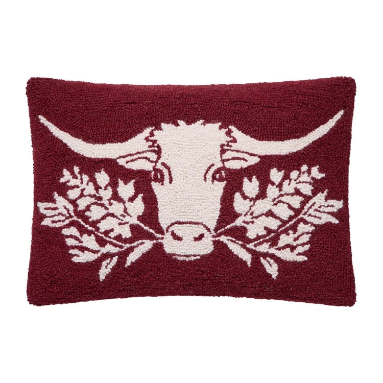 30JGY2C20OB Longhorn Hook Pillow with Ploy-Filled - 14 x 20 in., 100 Percent Wool, Cotton & Poly
