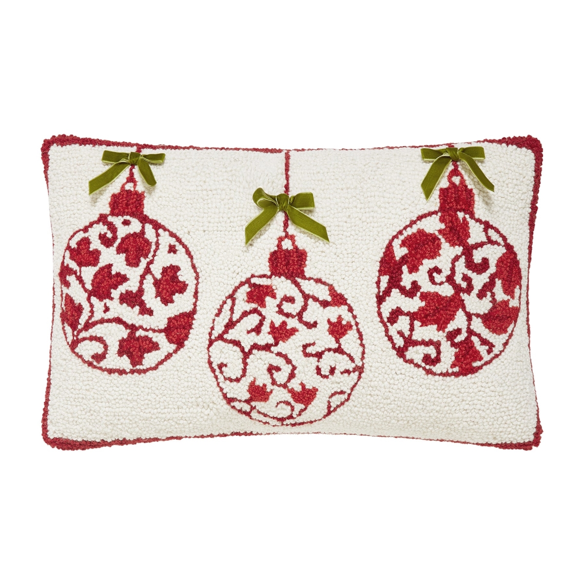 31AV1471C20OB 12 x 20 in. Red Ornaments with Real Bow Poly Filled Hook Pillow