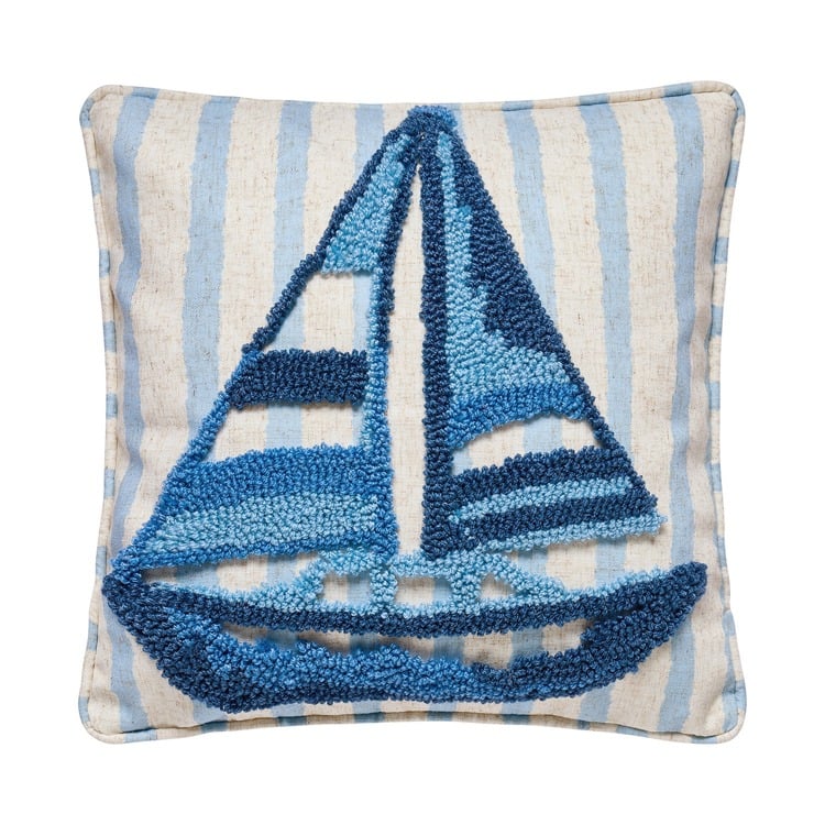 30AV1277C16SQ Coastal Sailboat Tufted Poly Filled Hook Pillow, 16 x 16 in.