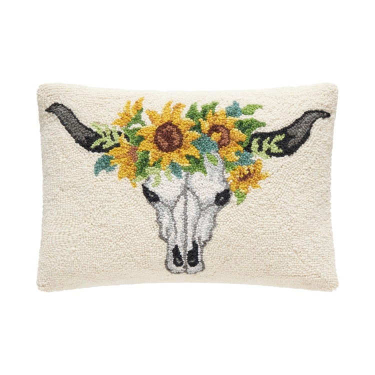 30SJM11430C20OB Sunflower Skull Hook Pillow with Poly-Filled - 14 x 20 in., 100 Percent Wool, Cotton & Poly