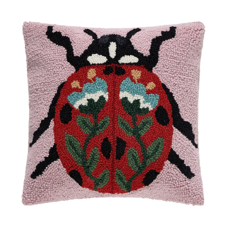 30AV1556C14SQ 14 x 14 in. Folk Ladybug Poly Fill Hook Pillow