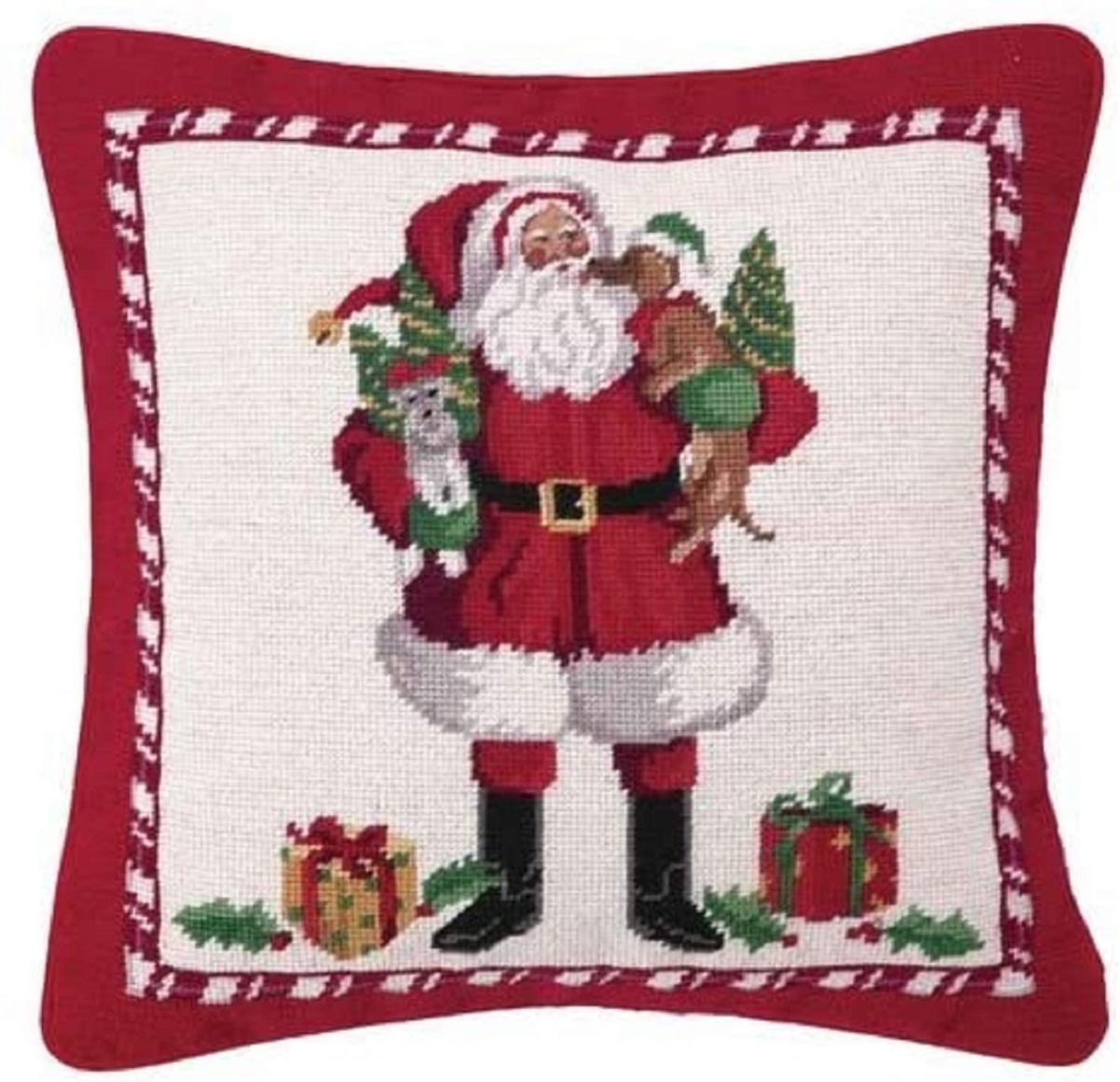 Picture of Peking Handicraft 31LH55C16SQ 100 Percent Wool & Cotton Christmas Puppies Needlepoint Pillow with Poly-Filled