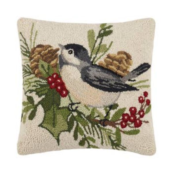 Picture of Peking Handicraft 31SW214C16SQ 16 x 16 in. Winter Chickadee Poly-filled Square Hook Pillow&#44; Multi Color