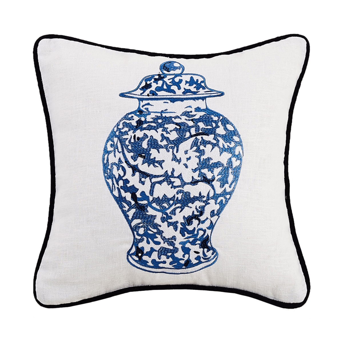 Picture of Peking Handicraft 24SER518C16SQ 16 x 16 in. Chinoiserie Vase with Lid Embroidered Pillow&#44; Blue & White