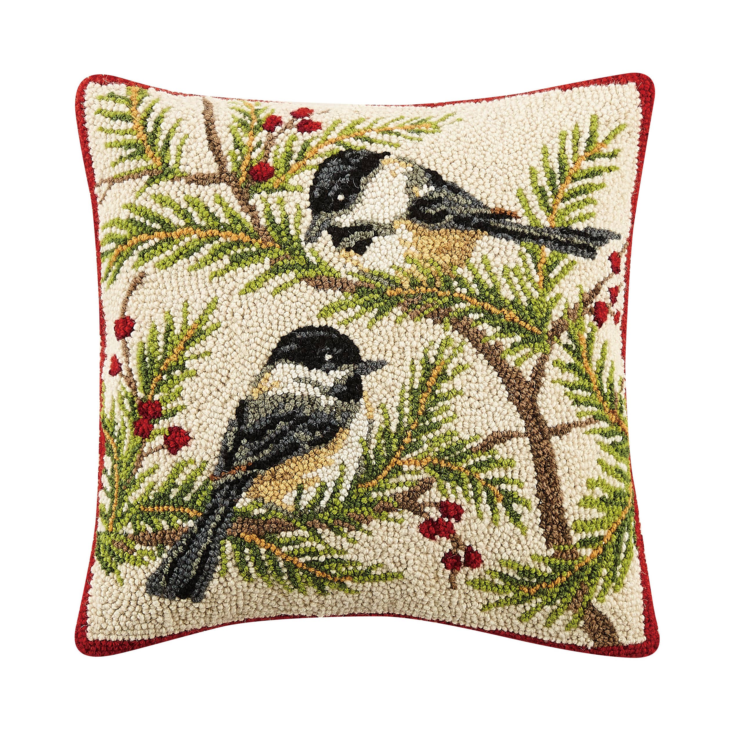 Picture of Peking Handicraft 31SJM10263C16SQ 16 x 16 in. Poly Filled Chickadees Hook Pillow&#44; Multi Color