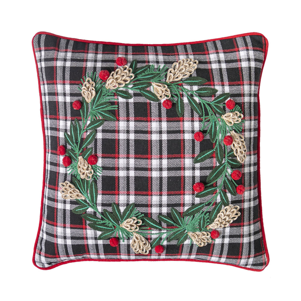 16 x 16 in. Black Plaid Wreath Embroidered Pillow