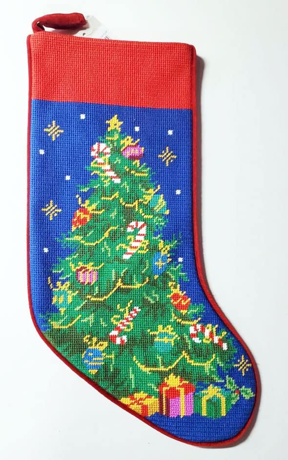 11 x 18 in. Christmas Tree Embroidered Needlepoint Stocking, Red & Green