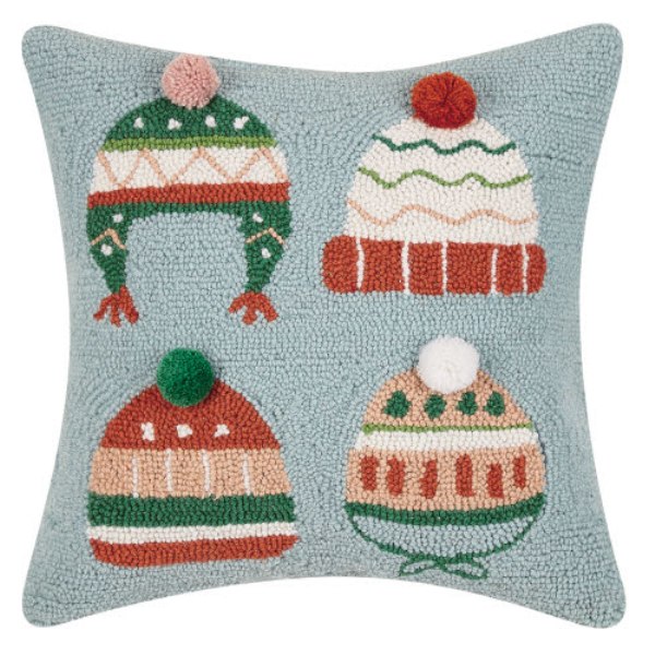16 x 16 in. Winter Hats 3D Pom Poms Polyester Filler Hook Pillow