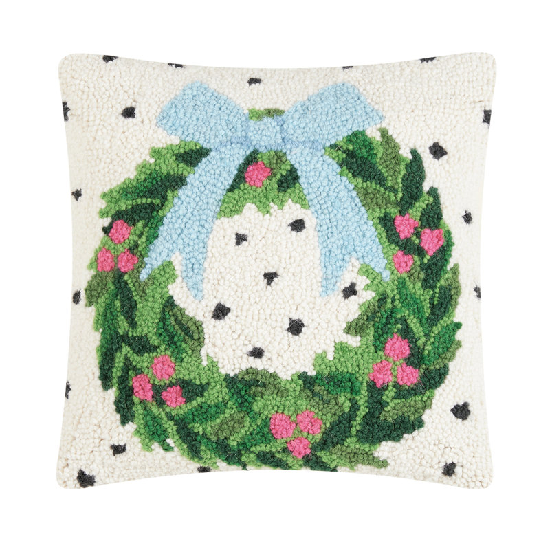 14 x 14 in. Spotted Holiday Wreath Hook Pillow, White & Green