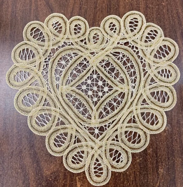Picture of Peking Handicraft 0650GD08HT 8 in. All Battenburg Heart Shape Gold Edwardian Crochet Doily