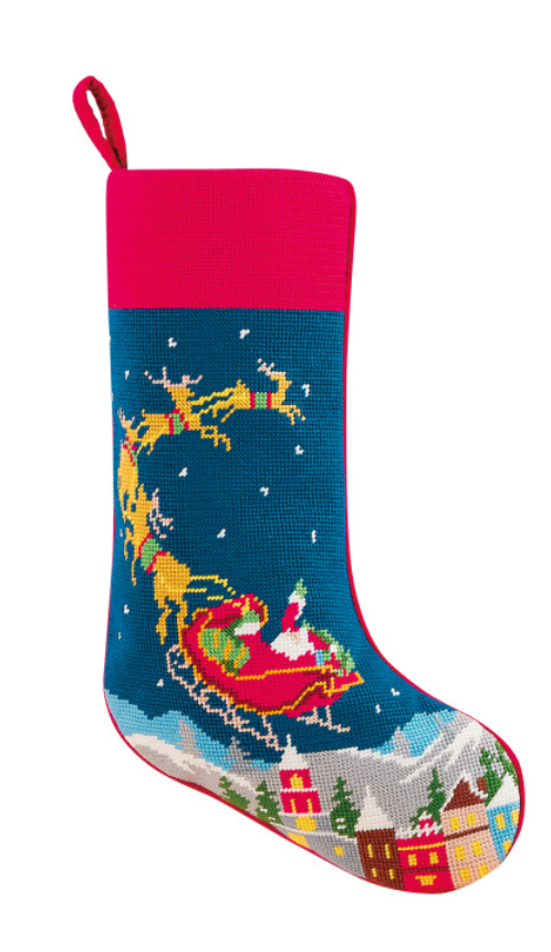 11 x 8 in. Christmas Santa & Reindeer Embroidered Needlepoint Stocking, Blue & Red