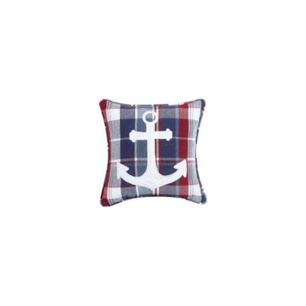 10 x 10 in. Picnic Plaid Anchor Embroidered Blown Filled Pillow