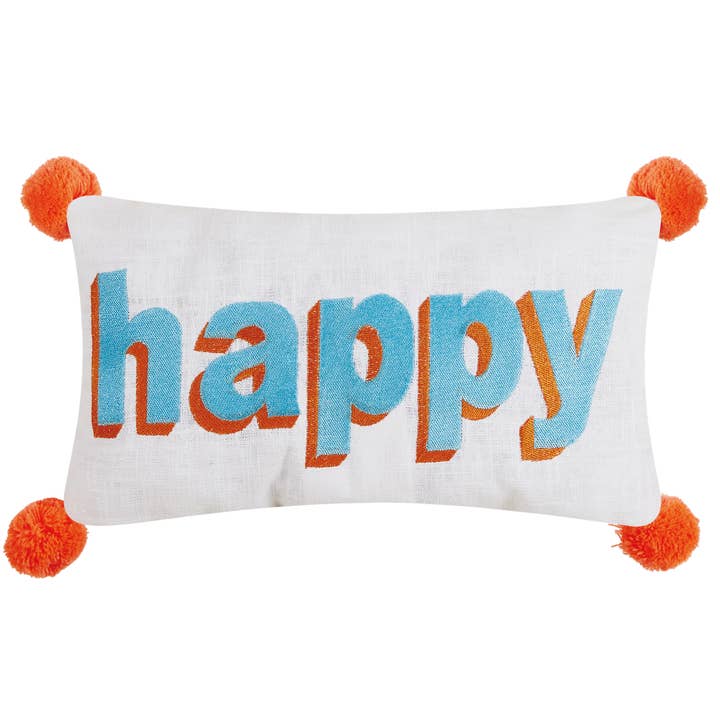 24AV33C16OB 9 x 16 in. Happy Embroidered Pom Pom Poly Fill Hook Pillow, Multi Color