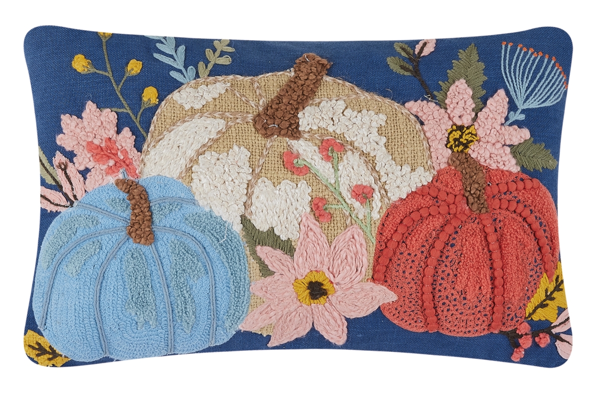 31DD58C18OB 12 x 18 in. Blue Pumpkin Trio Embroidered Poly Fill Pillow, Multi Color