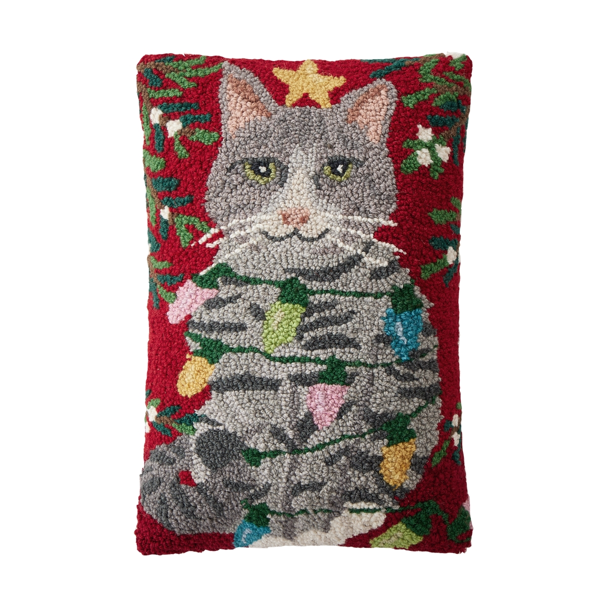 31AV720C18OB 12 x 18 in. Christmas Cat Poly Fill Hook Pillow, Multi Color