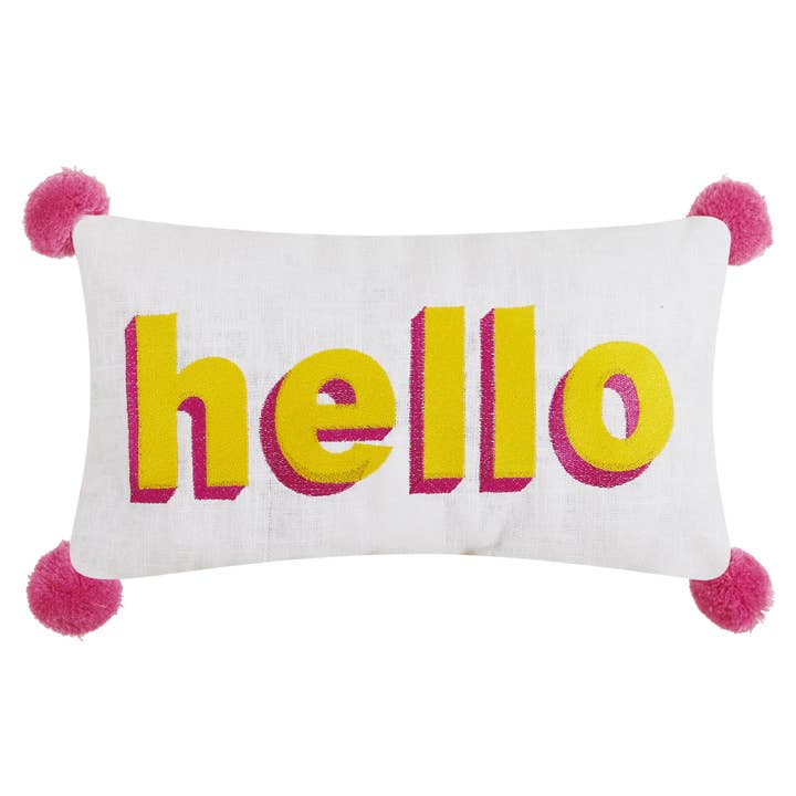 24AV32C16OB 9 x 16 in. Hello Embroidered Pom Pom Poly Fill Hook Pillow, Multi Color