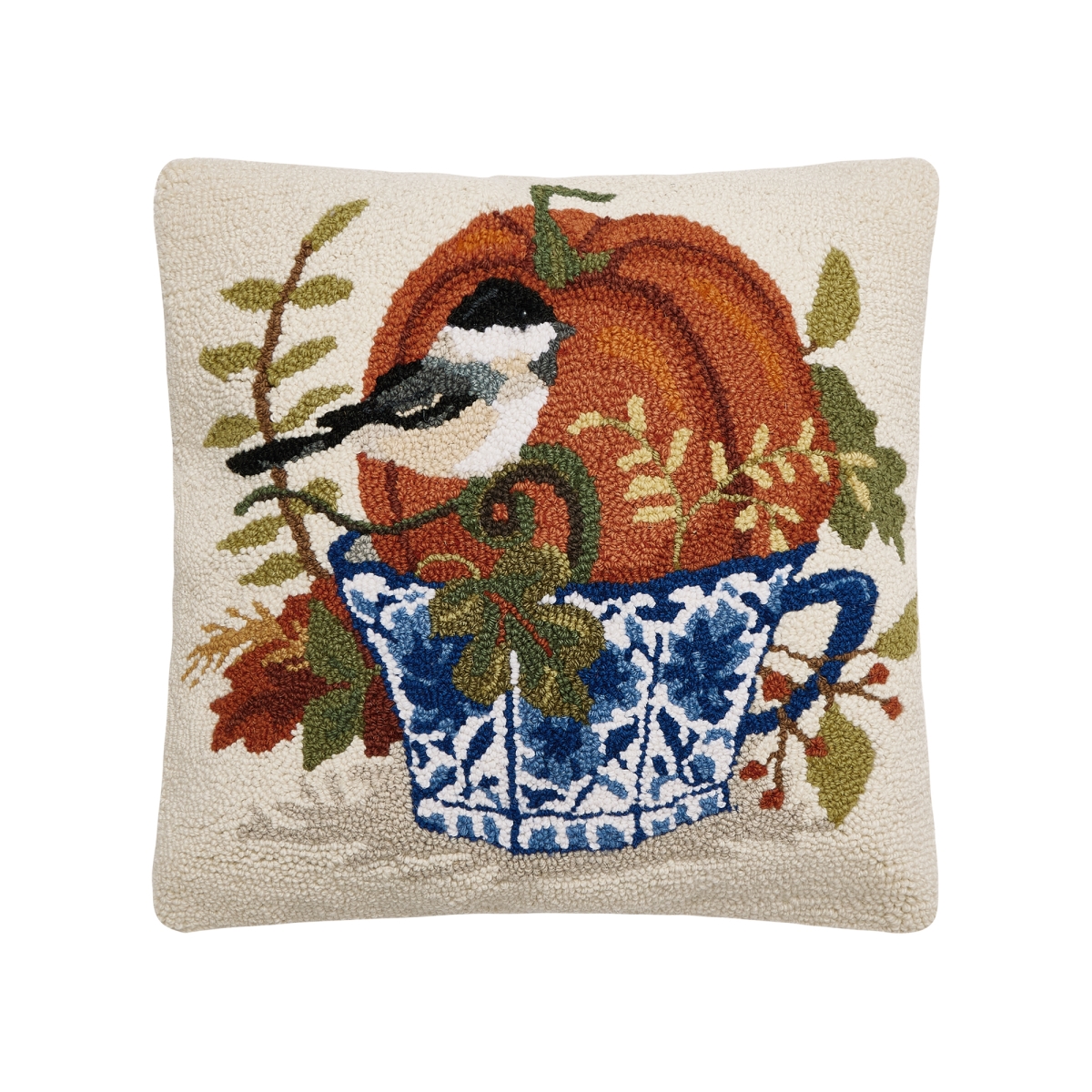 31SJM11146C18SQ 18 x 18 in. Fall Birds with Teacups Poly Fill Hook Pillow, Multi Color