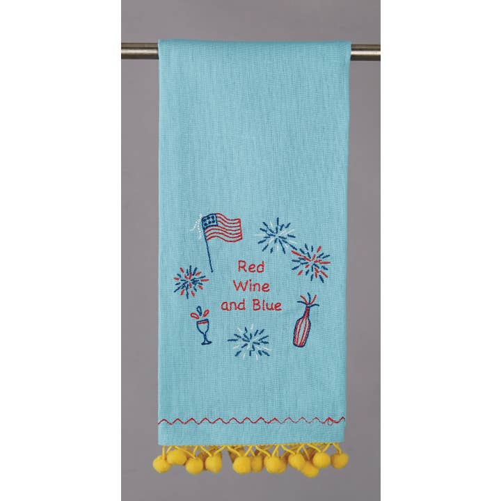 Picture of Peking Handicraft 04KSL456C 15 x 22.5 in. Red Wine & Blue Pom Pom Kitchen Towel, Multi Color 