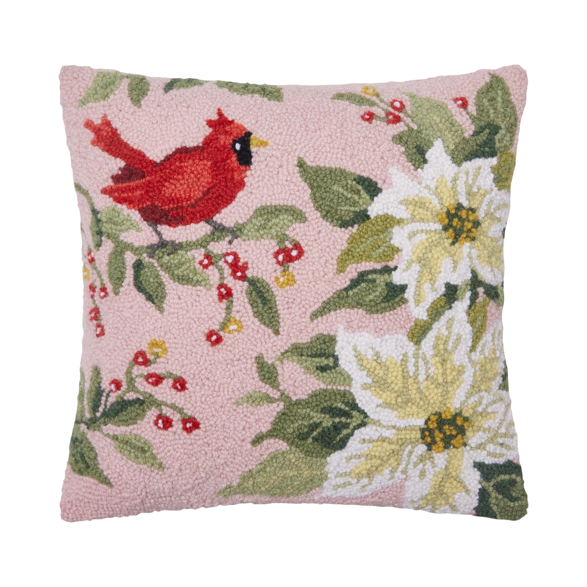 31SW315C16SQ 16 x 16 in. White Poinsettia Cardinal Poly Fill Hook Pillow, Multi Color