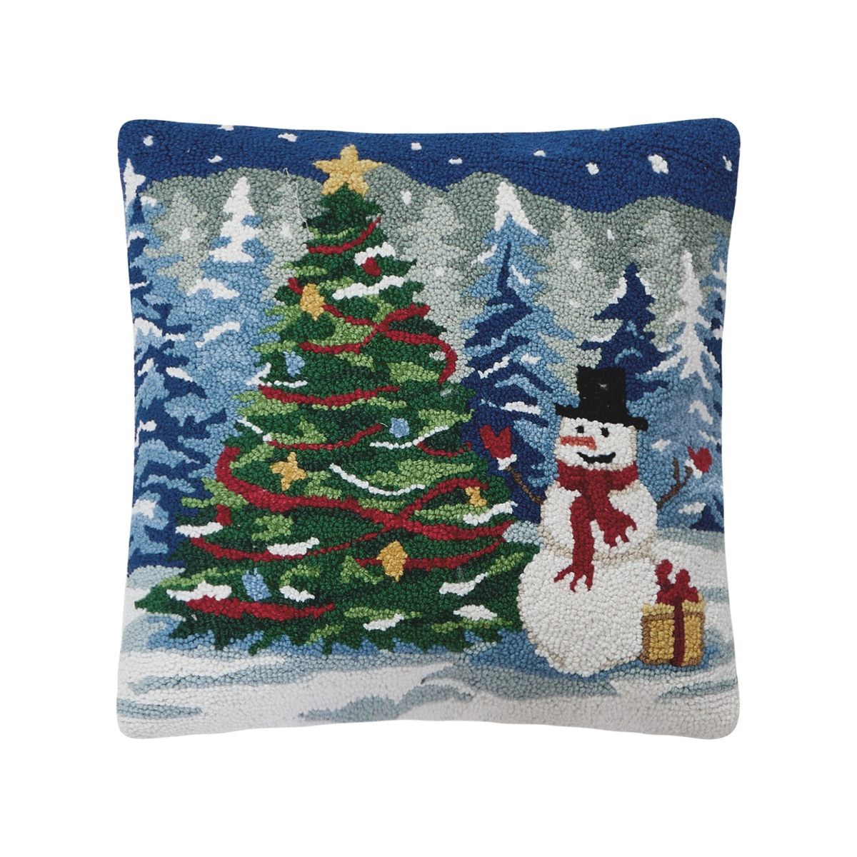 31SJM11152C18SQ 18 x 18 in. Snowy Tree with Snowman Poly Fill Hook Pillow, Multi Color