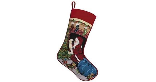 Picture of Peking Handicraft 31SJM9580MC 11 x 18 in. Wool & Cotton Santas Christmas Tree Needlepoint Stocking&#44; Multi Color