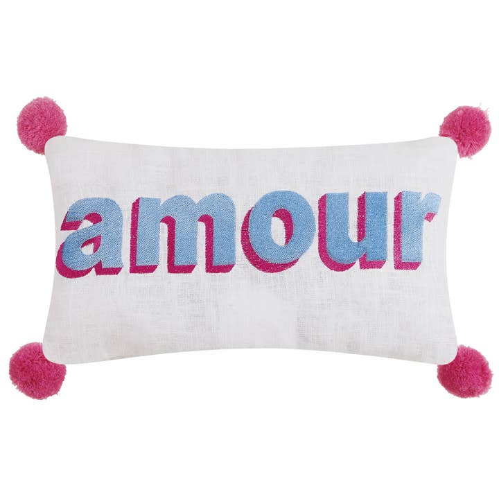 24AV34C16OB 9 x 16 in. Amour Embroidered Pom Pom Poly Fill Hook Pillow, Multi Color