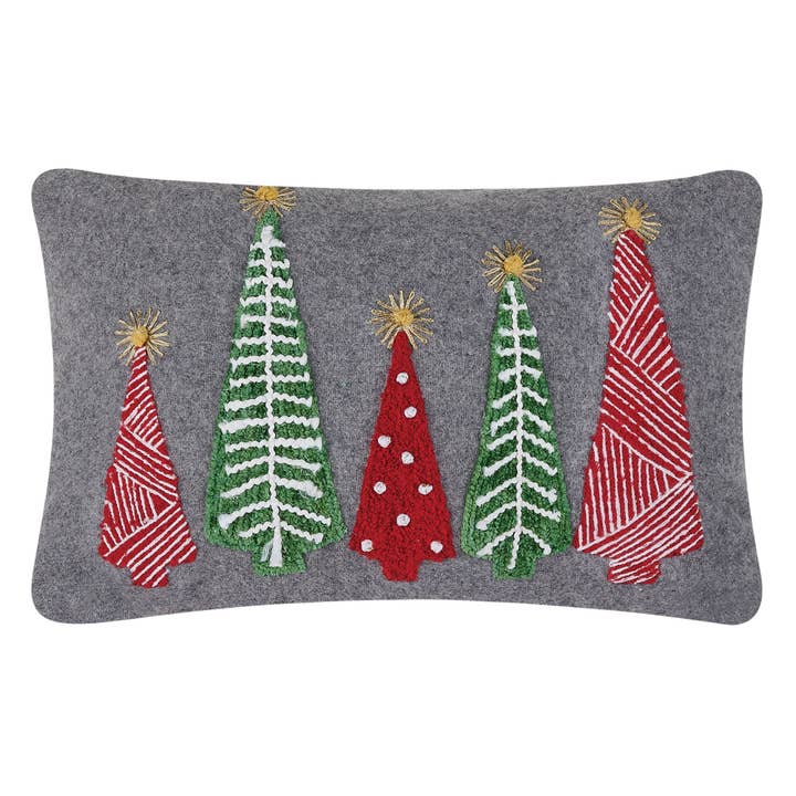 31DD44C18OB 12 x 18 in. Felt Christmas Tree Embroidered Poly Fill Hook Pillow, Multi Color