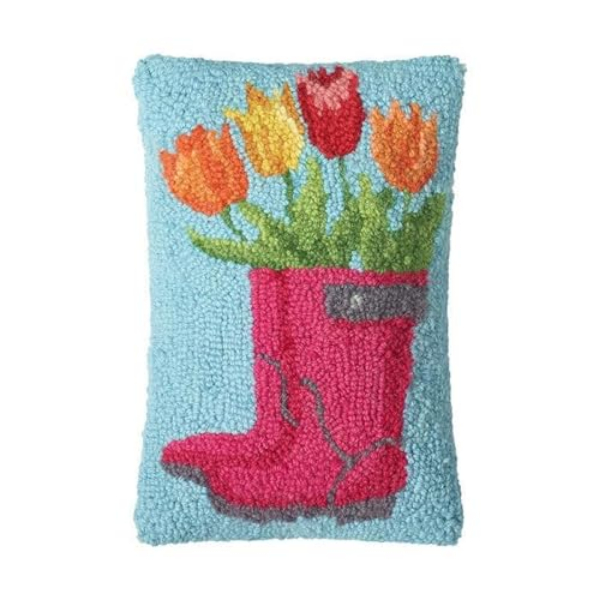 30GY1402C12OB 8 x 12 in. Spring Boot with Tulips Poly Fill Hook Pillow, Multi Color