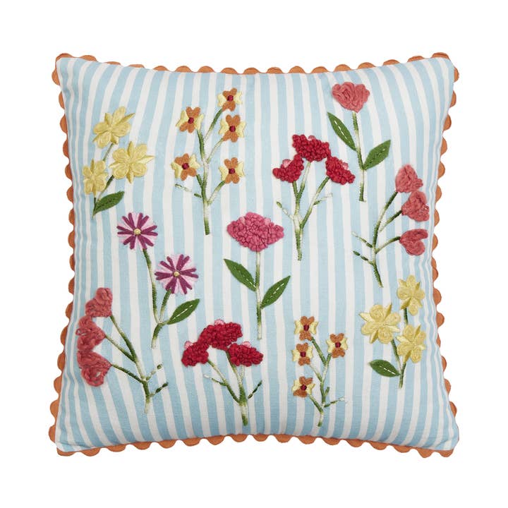 24DD72C16SQ 16 x 16 in. Blue Stripe Floral Embroidered Poly Fill Hook Pillow, Multi Color