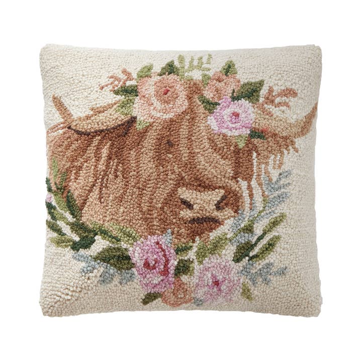 30SW328C16SQ 16 x 16 in. Highland Cow Poly Fill Hook Pillow, Multi Color