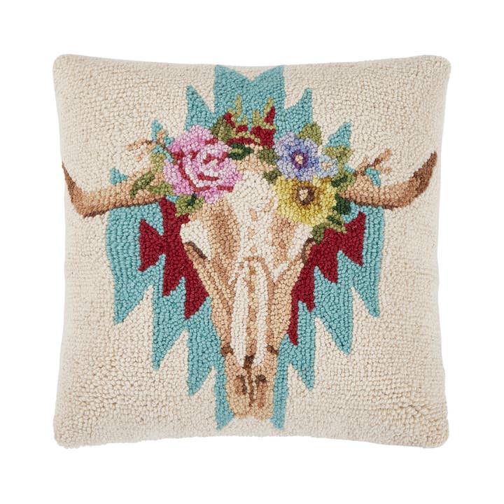 30SW332C16SQ 16 x 16 in. Skull & Rose Poly Fill Hook Pillow, Multi Color