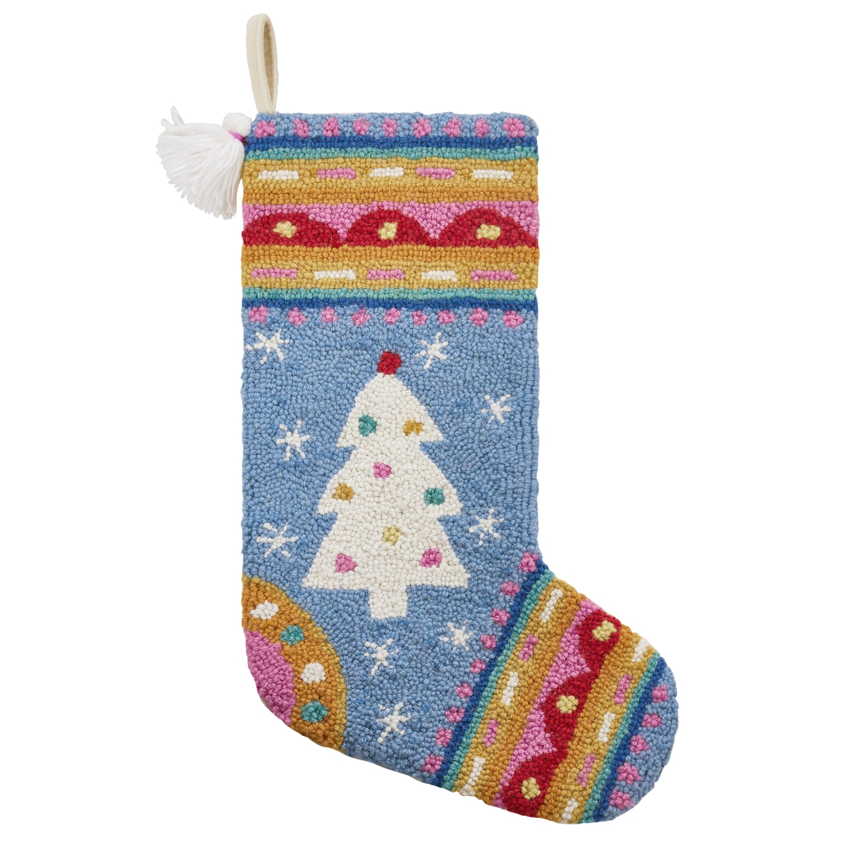 31AV762MC 12 x 20 in. Fair Isle Tree with Tass Hook Stocking, Multi Color