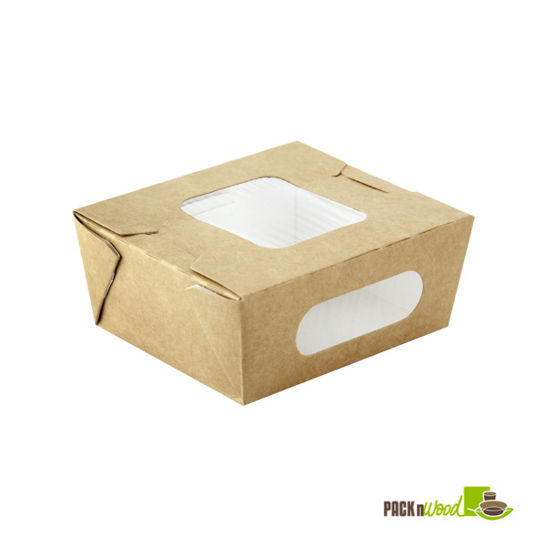 16 oz Kraft Paper Salad Box with 2 Windows - 4.1 x 3.7 x 1.8 in.