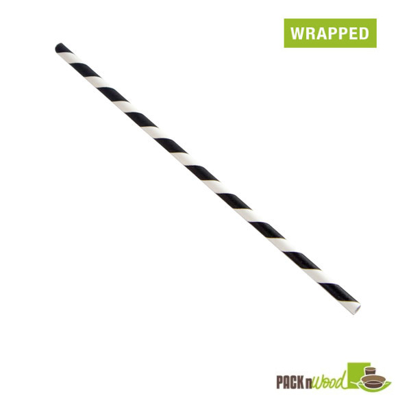 Picture of Packnwood 210CHP19BLKW 0.2 Dia. x 8.3 in. Black Striped Paper Straws - Wrapped