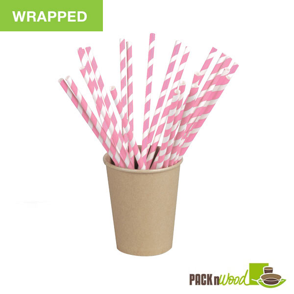 Picture of Packnwood 210CHP19PINKW Wrapped Pink Striped Paper Straws