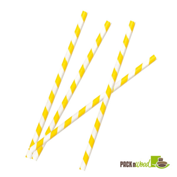 Picture of Packnwood 210CHP19Y 0.2 Dia. x 8.3 in. Yellow Striped Paper Straws - Unwrapped