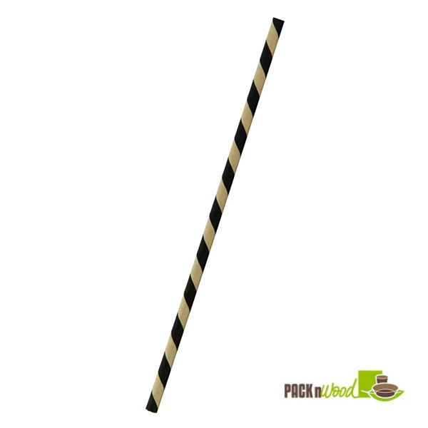 Picture of Packnwood 210CHP19KB 0.2 Dia. x 8.3 in. Black & Kraft Striped Paper Straws - Unwrapped