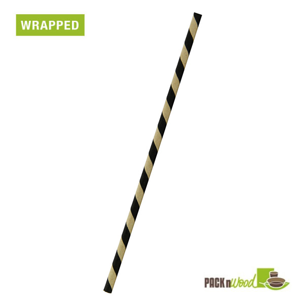 Picture of Packnwood 210CHP19KBW 0.2 Dia. x 8.3 in. Black & Kraft Striped Paper Straws - Wrapped