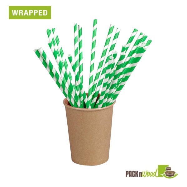Picture of Packnwood 210CHP19EMB 0.2 Dia. x 8.3 in. Green Striped Paper Straws - Wrapped