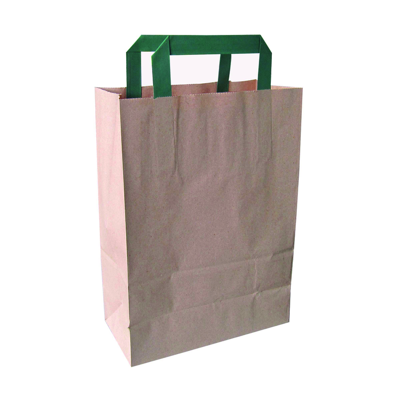 Recycled Paper Carrier Bag with Green Handles, Kraft & Brown