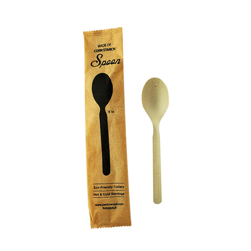 Picture of PackNwood 210CVPL633BBW Bamboo Fiber Plus PLA Spoon Individually Wrapped in Paper Wrapper&#44; Ochre - 500 Piece