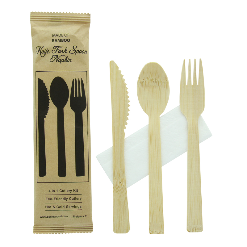 Picture of PacknWood 210CVBJNK4K 6.7 in. 4 Knife Anji Bamboo Cutlery Kit Fork Tablespoon Napkin, Kraftwrap