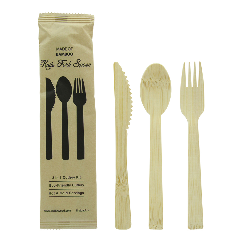 Picture of PacknWood 210CVBJNK3K 6.7 in. 3 Knife Anji Bamboo Cutlery Kit Fork Tablespoon, Kraftwrap
