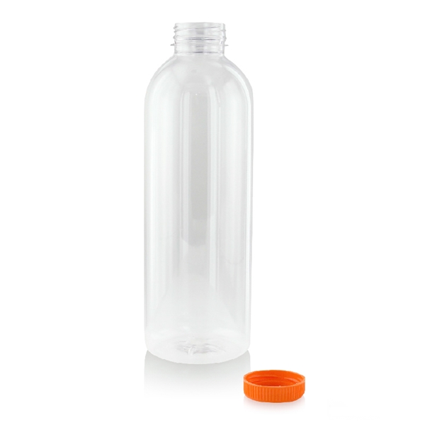 210BOUT1002 34 oz Round Pet Bottle with Orange Cap - 74 Piece