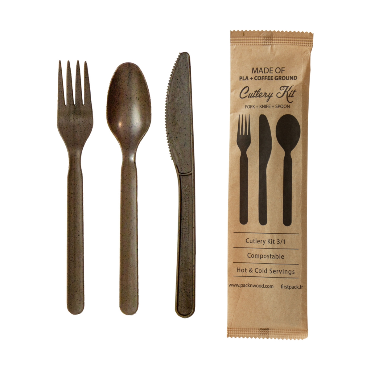 Picture of Packnwood 210CVPL317CO 7 in. Compostable Coffee Ground 3-1 Cutlery Kit with Kraft Bag of Knife, Fork, Spoon & Napkin - 500 Piece