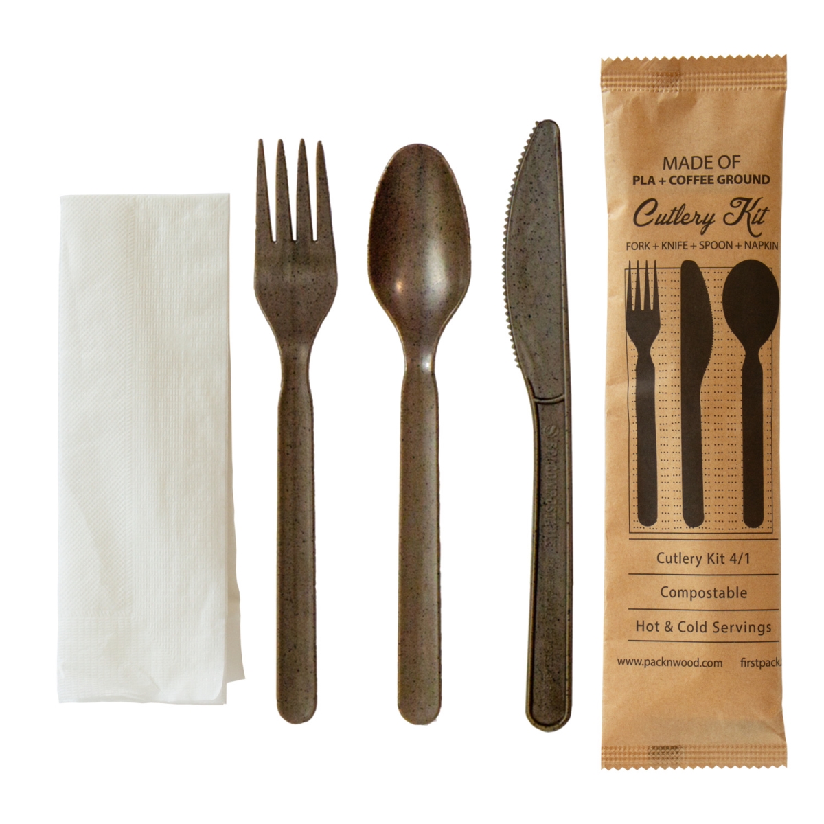 Picture of Packnwood 210CVPL417CO 7 in. Compostable Coffee Ground 4-1 Cutlery Kit with Kraft Bag of Knife, Fork, Spoon & Napkin - 500 Piece