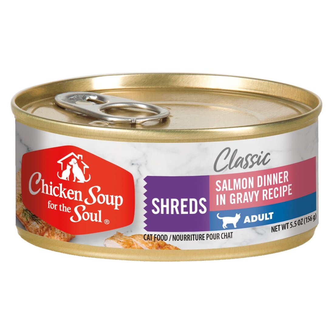 Picture of Chicken Soup for Pet Lovers 419114 5.5 oz Salmon Dinner in Gravy Recipe Shreds Canned Cat Food - 24 Count