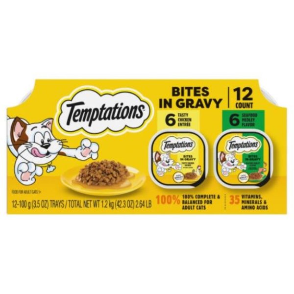 Picture of Mars Pet Care 104734 3.5 oz Temptations Bites in Gravy Flavor Wet Cat Food Variety Pack - 12 Count